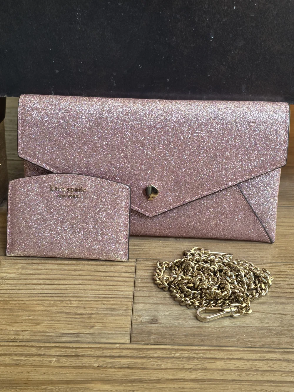 kate spade Pink Glitter Chain Clutch + Card Holder